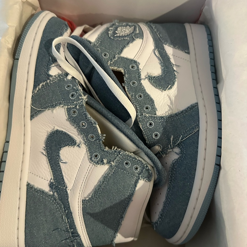 Jordan 1 White and Light Blue Denim High-Top Sneakers